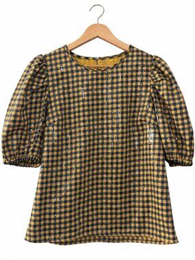 English Factory Sequin Gingham Puff Sleeve Top — Size S ✨💛
